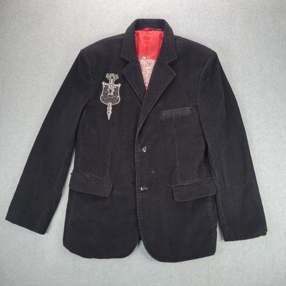 Franky Max Mens Black Corduroy Blazer Studded Embroidered Crest Red Lining L